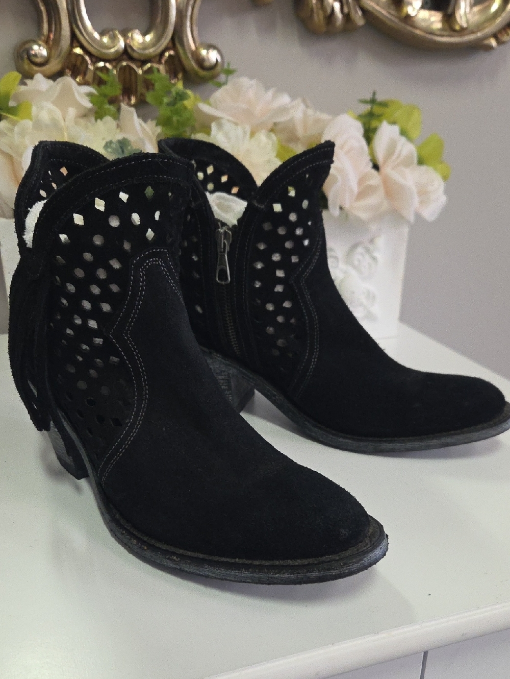 Shyanne Black Suede Perforated Ankle Booties with Fringe
